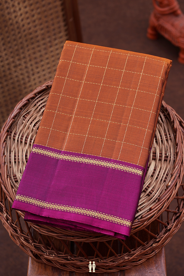 Kanchipuram Silk Saree In Saddle Brown With Checks Design