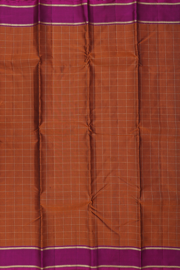 Kanchipuram Silk Saree In Saddle Brown With Checks Design