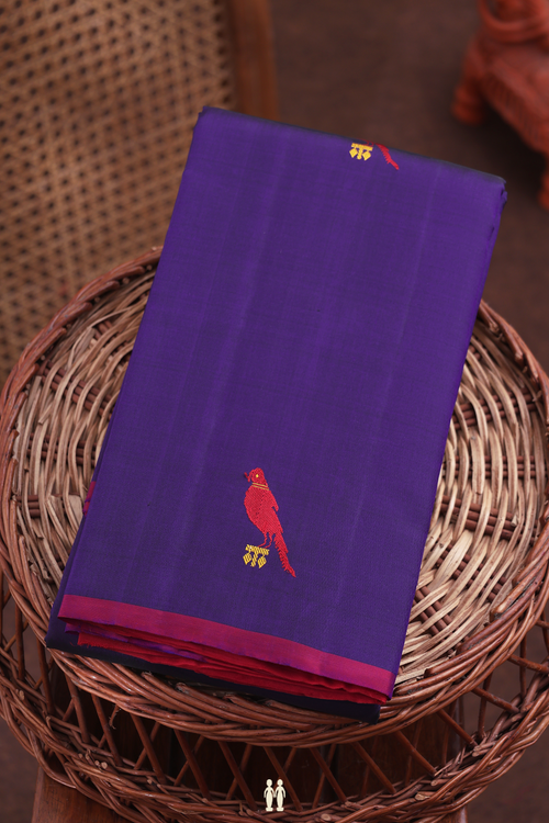 Kanchipuram Silk Saree In Deep Purple With Parrot Buttas