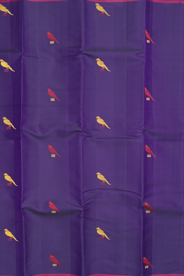 Kanchipuram Silk Saree In Deep Purple With Parrot Buttas