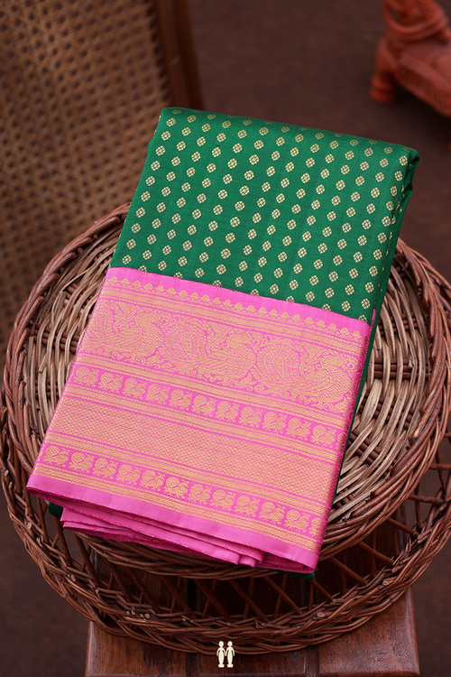 Kanchipuram Silk Saree In Dark Green With Zari Buttis