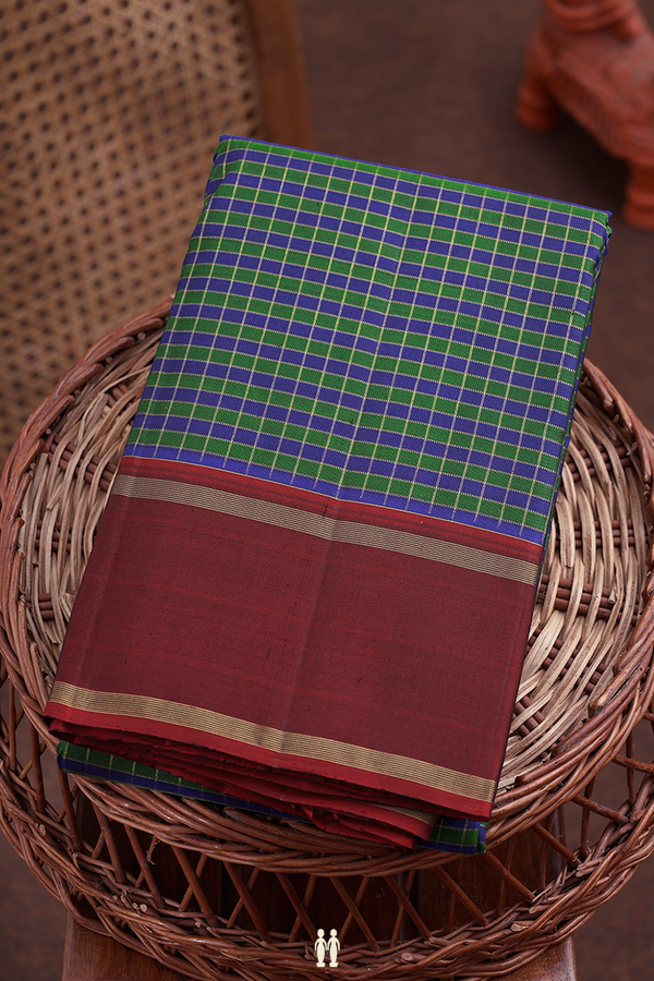 Kanchipuram Silk Saree In Green And Blue With Checks Design