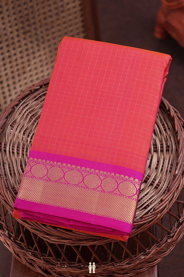 Kanchipuram Silk Saree In Coral Pink With Checks Design