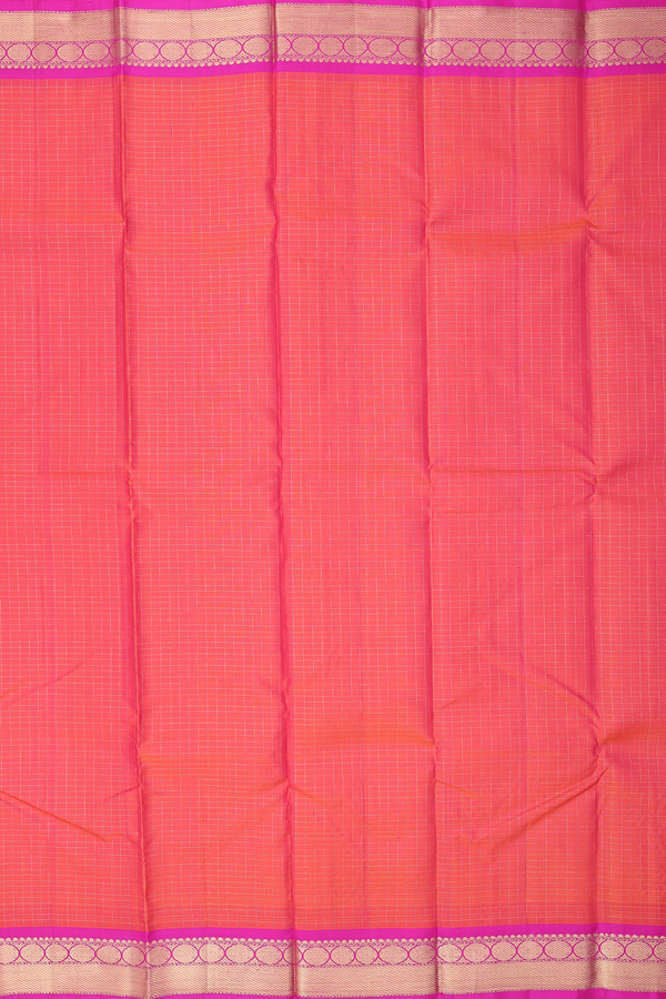 Kanchipuram Silk Saree In Coral Pink With Checks Design