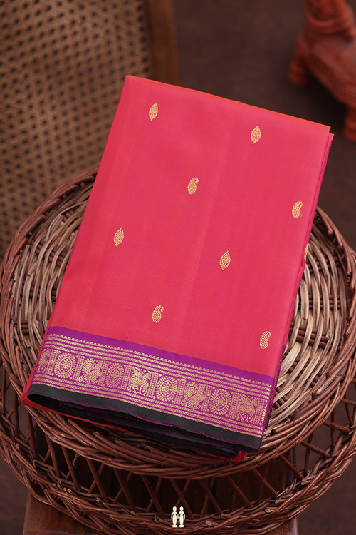 Kanchipuram Silk Saree In Coral Pink With Paisley Buttis