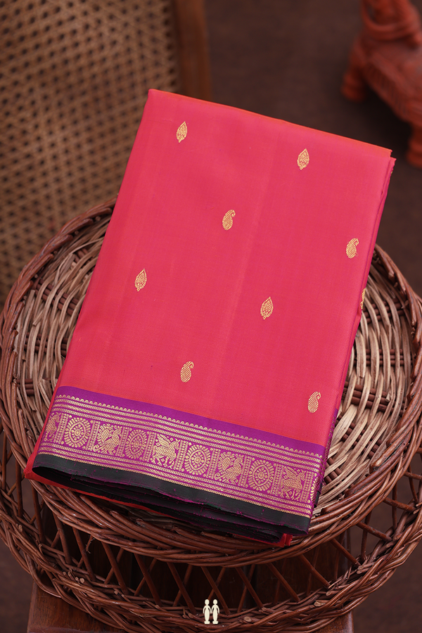 Kanchipuram Silk Saree In Coral Pink With Paisley Buttis
