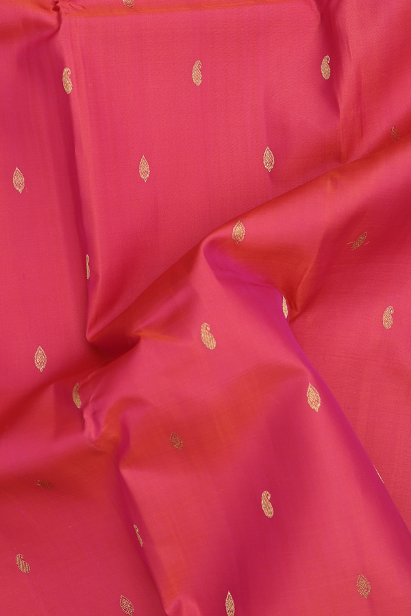 Kanchipuram Silk Saree In Coral Pink With Paisley Buttis
