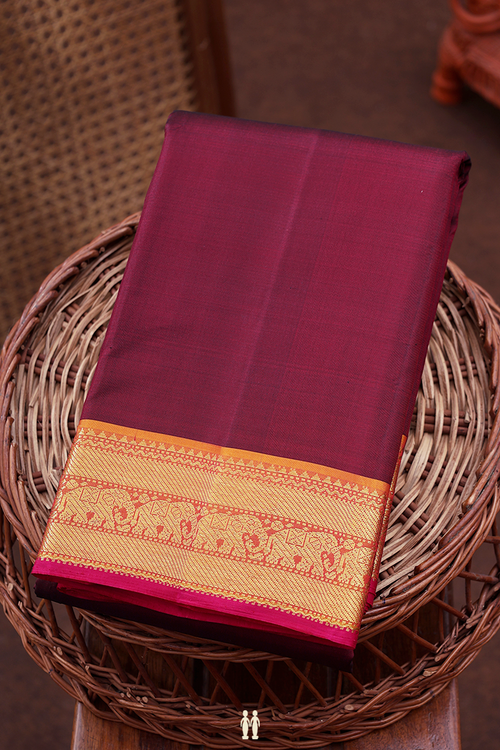 Kanchipuram Silk Saree In Dark Maroon With Contrast Border