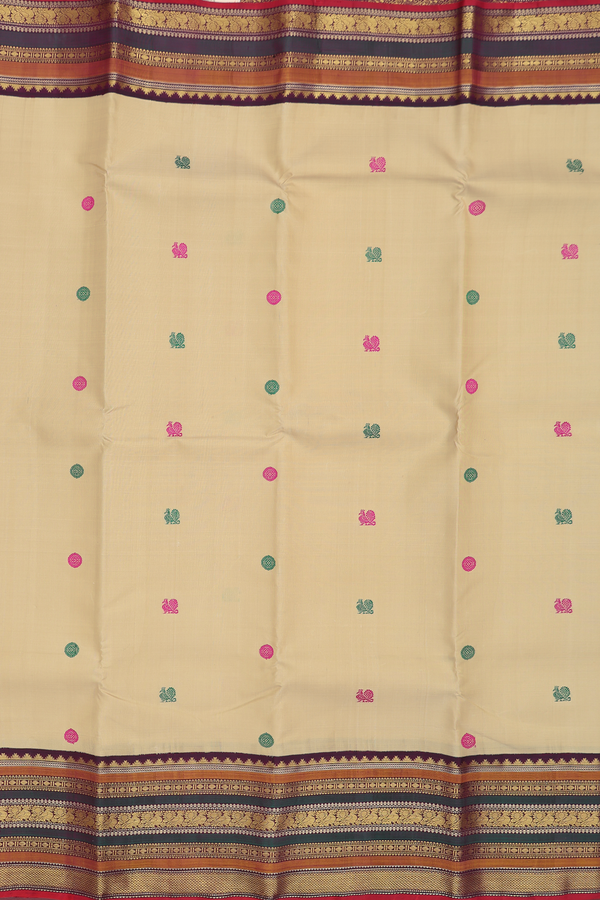 Kanchipuram Silk Saree In Light Brown With Peacock Buttas