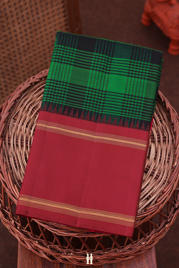 Kanchipuram Silk Saree In Green And Black With Checks Design
