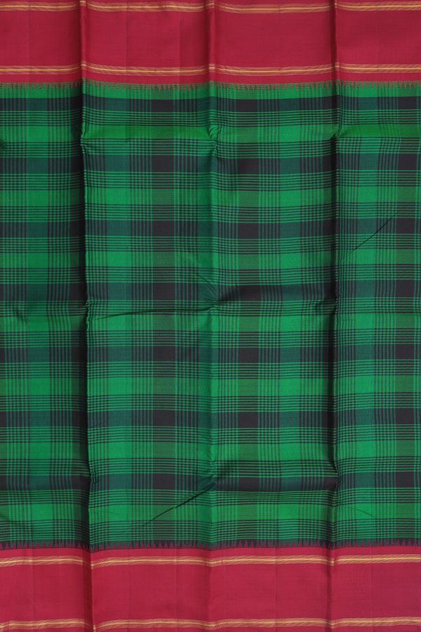Kanchipuram Silk Saree In Green And Black With Checks Design
