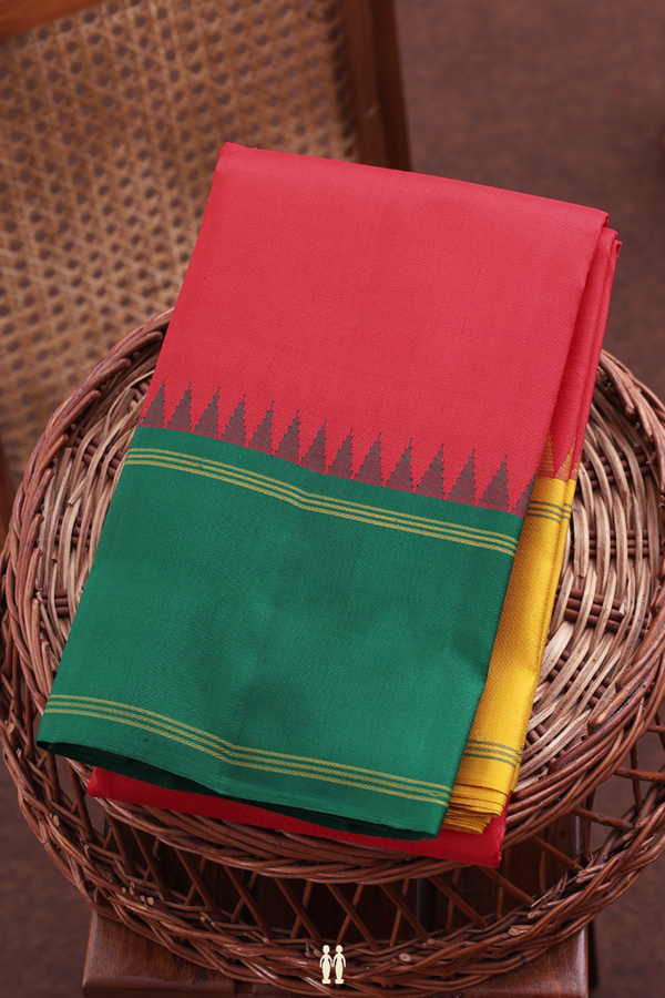 Kanchipuram Silk Saree In Scarlet Red With Ganga Jamuna Border