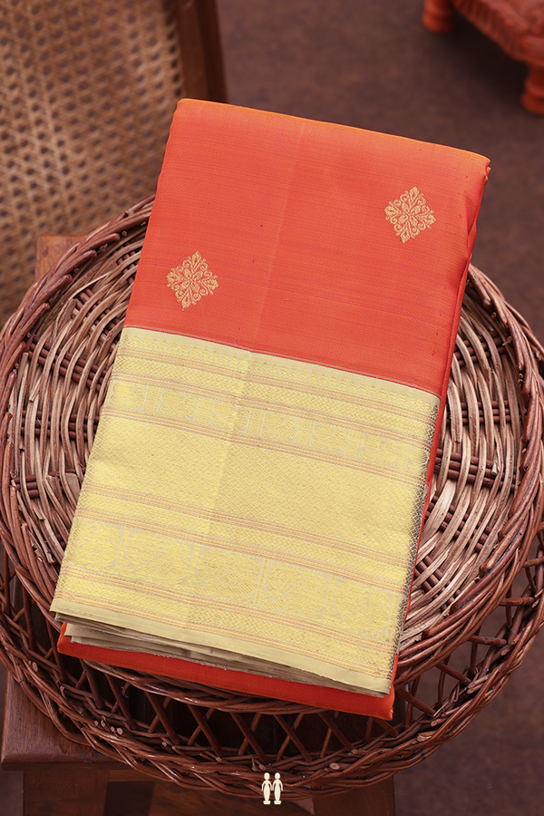 Kanchipuram Silk Saree In Royal Orange With Zari Buttas