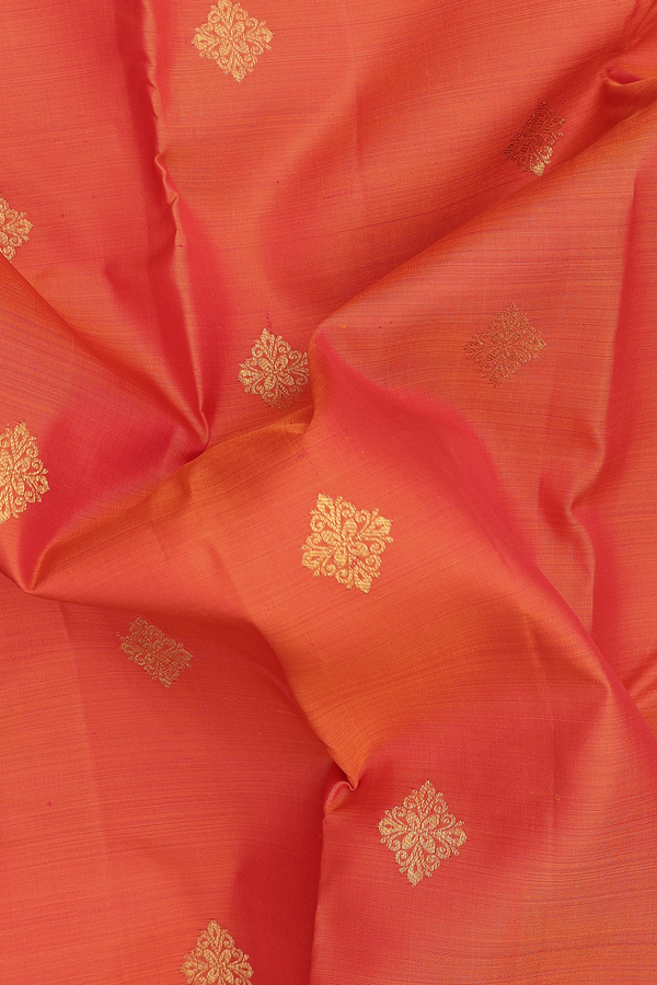 Kanchipuram Silk Saree In Royal Orange With Zari Buttas
