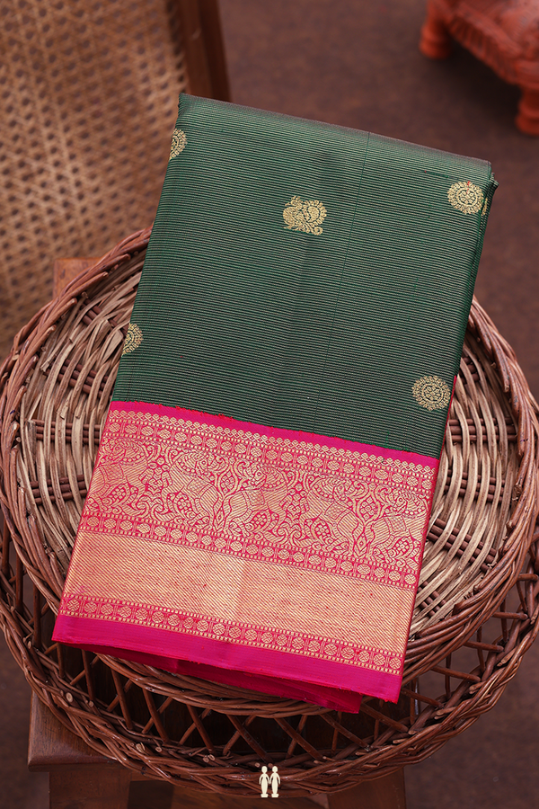 Kanchipuram Silk Saree In Green Along Stripes With Buttas