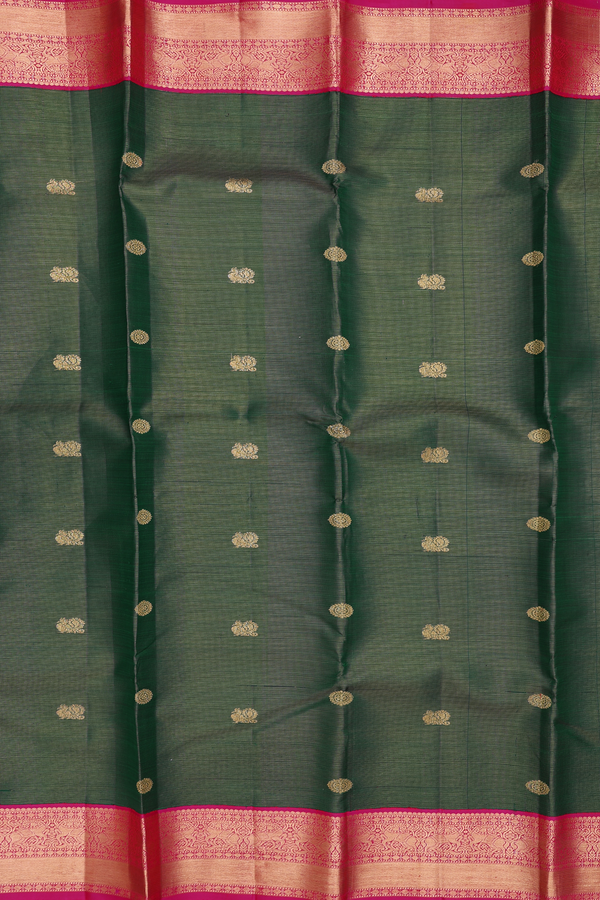 Kanchipuram Silk Saree In Green Along Stripes With Buttas