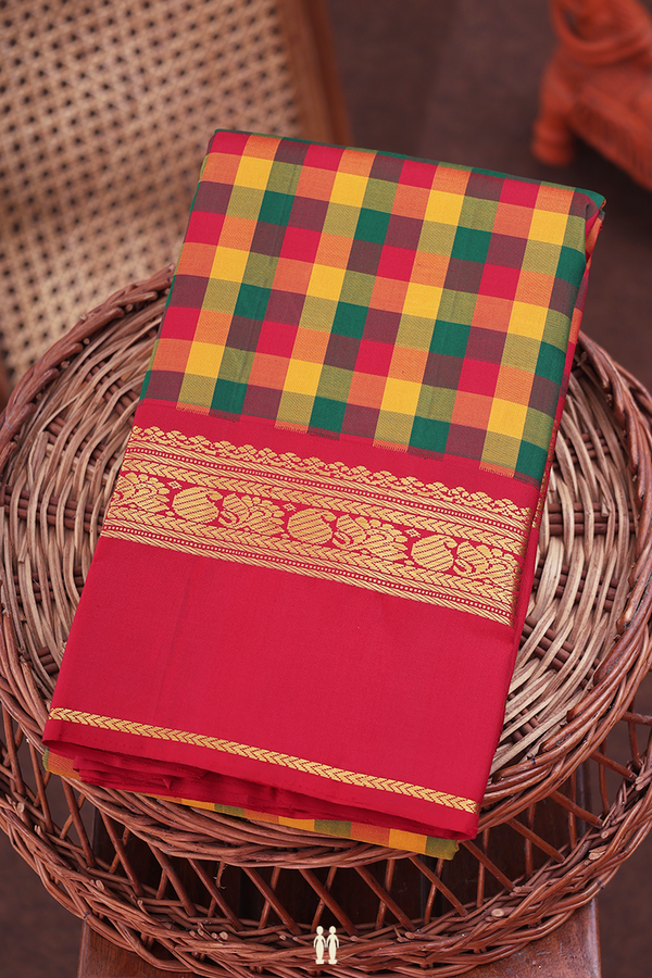 Kanchipuram Silk Saree In Multicolor With Checks Design