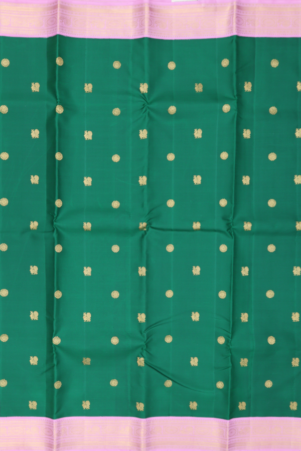 Kanchipuram Silk Saree In Green With Peacock Buttas