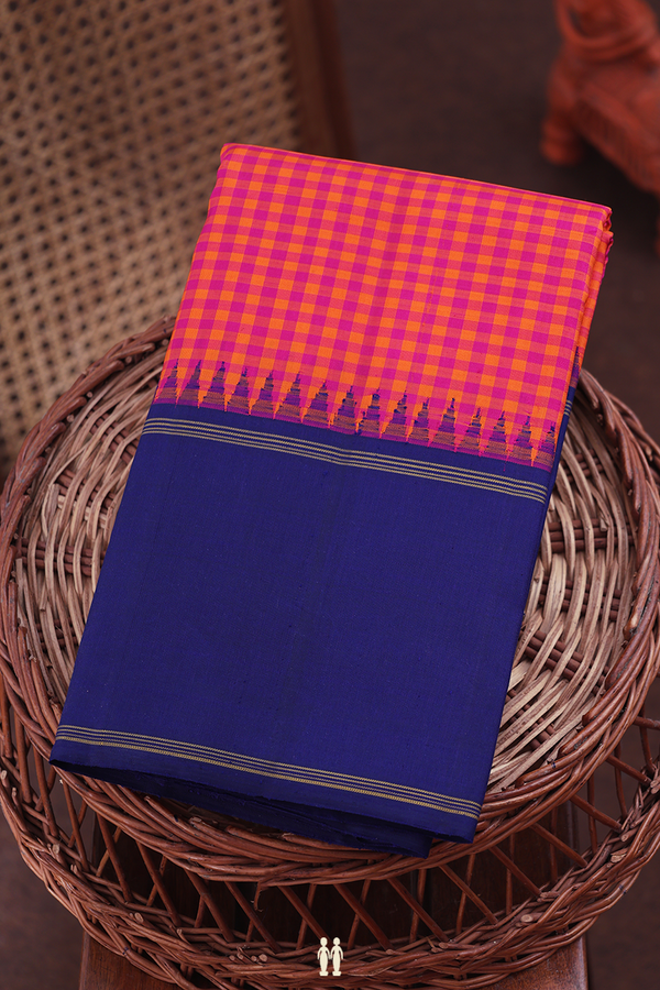 Kanchipuram Silk Saree Orange And Magenta With Checks Design