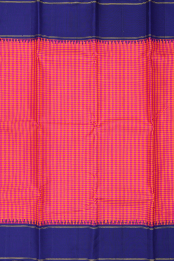 Kanchipuram Silk Saree Orange And Magenta With Checks Design