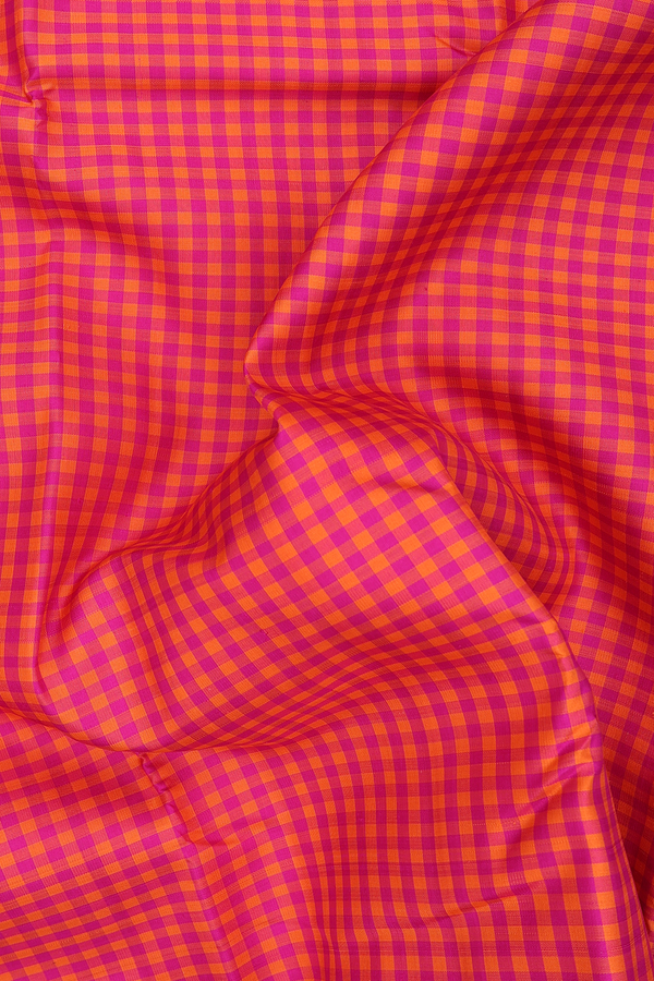 Kanchipuram Silk Saree Orange And Magenta With Checks Design