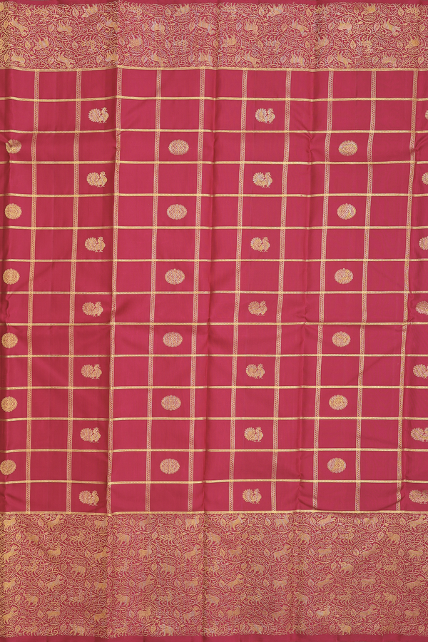 Kanchipuram Silk Saree In Red With Checks Design