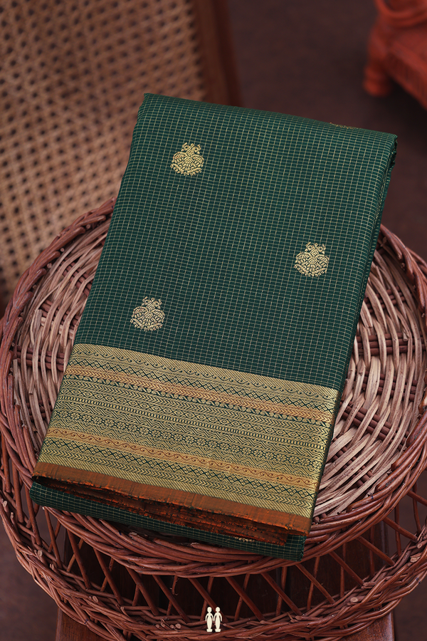 Kanchipuram Silk Saree In Forest Green With Checks Design