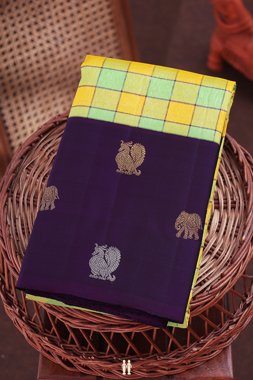 Kanchipuram Silk Saree In Green And Yellow With Checks Design