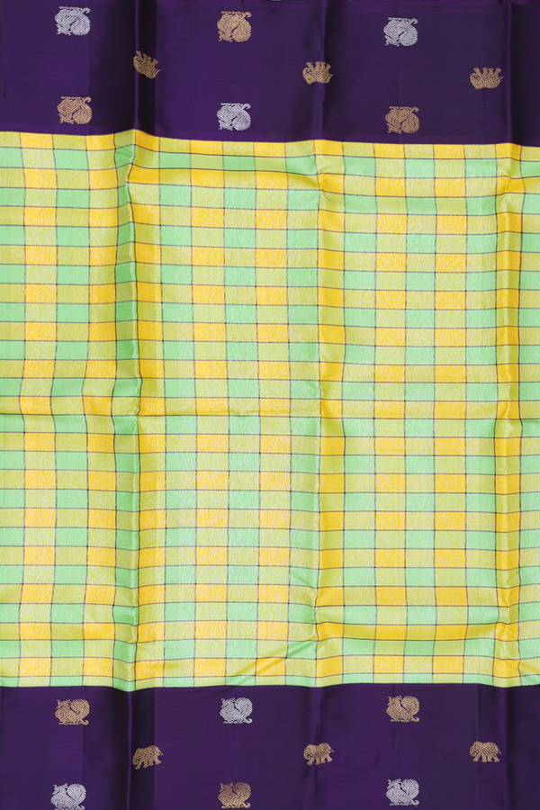 Kanchipuram Silk Saree In Green And Yellow With Checks Design