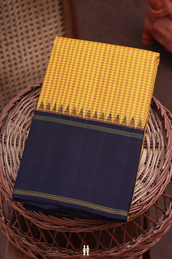 Kanchipuram Silk Saree In Yellow And Brown With Checks Design