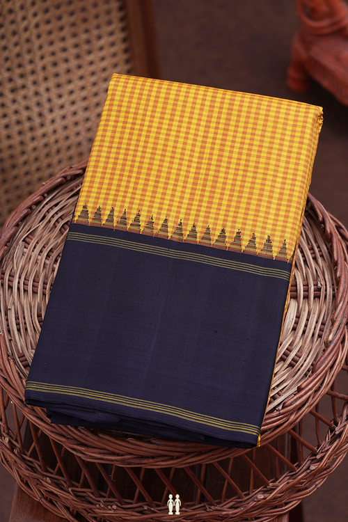 Kanchipuram Silk Saree In Yellow And Brown With Checks Design