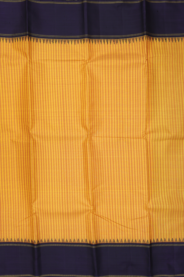 Kanchipuram Silk Saree In Yellow And Brown With Checks Design