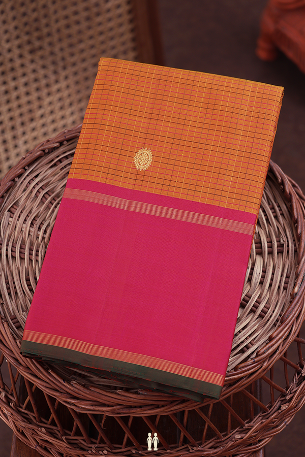 Kanchipuram Silk Saree In Ochre Orange With Checks Design