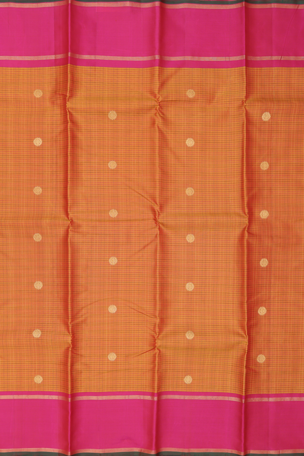 Kanchipuram Silk Saree In Ochre Orange With Checks Design