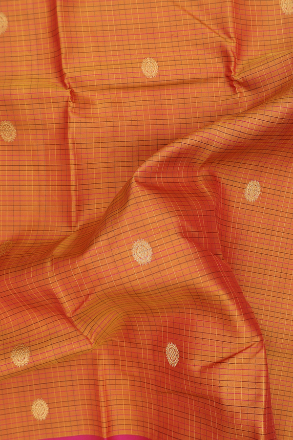 Kanchipuram Silk Saree In Ochre Orange With Checks Design