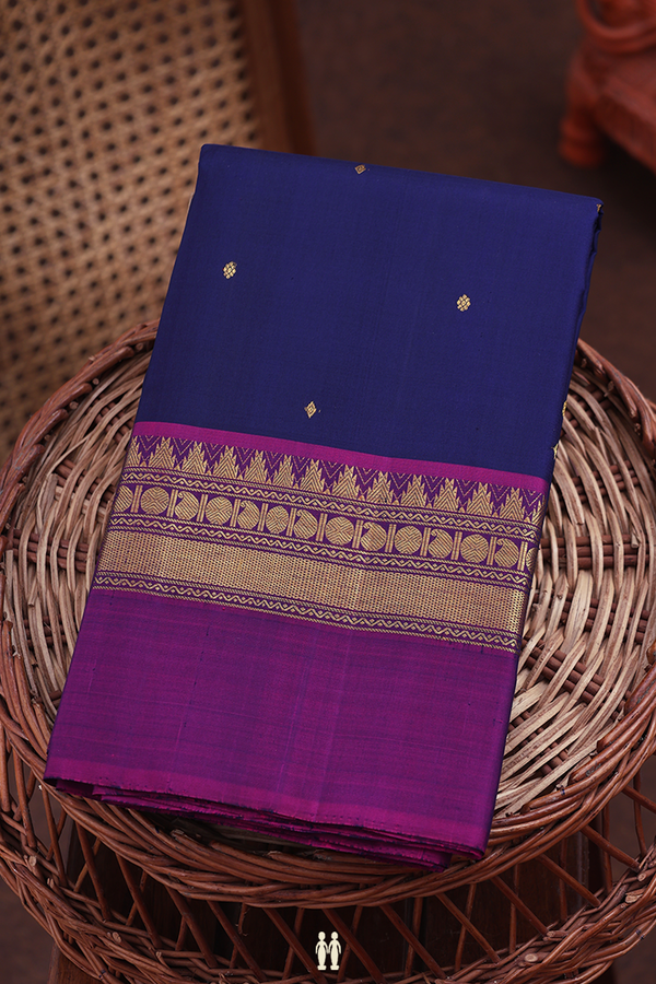 Kanchipuram Silk Saree In Navy Blue With Zari Buttis