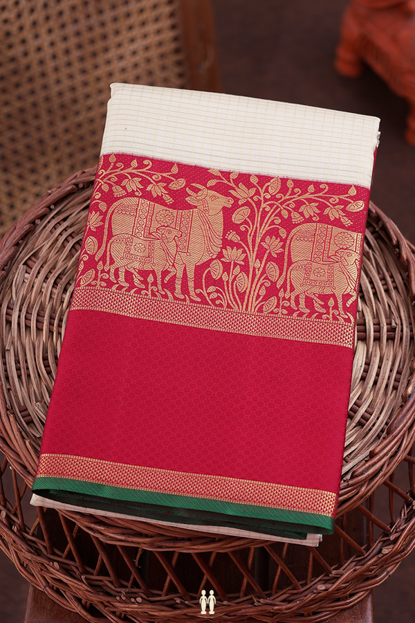 Kanchipuram Silk Saree In Cream Color With Checks Design