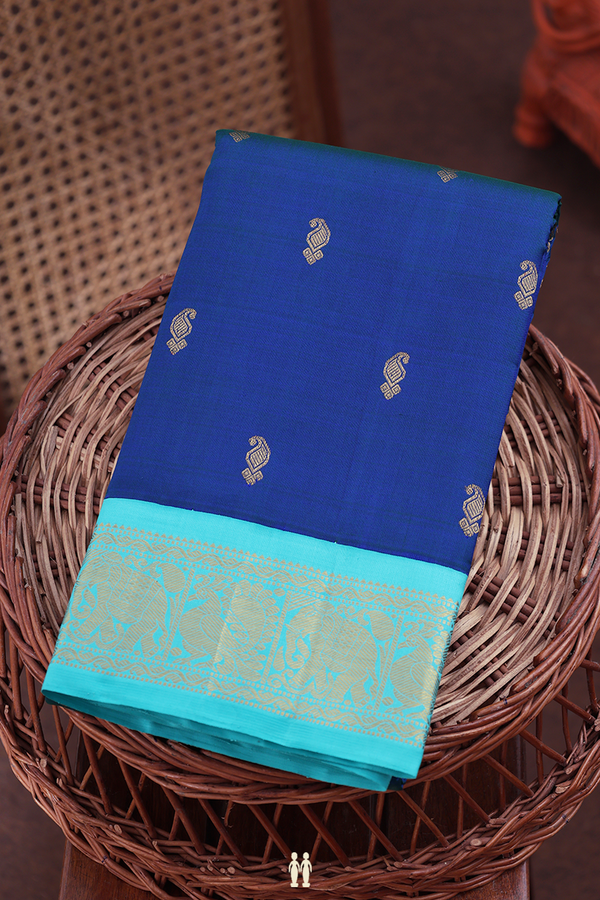 Kanchipuram Silk Saree In Blue With Paisley Buttas