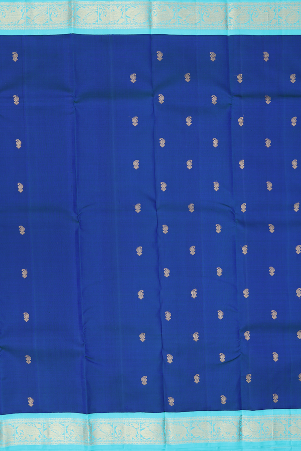 Kanchipuram Silk Saree In Blue With Paisley Buttas