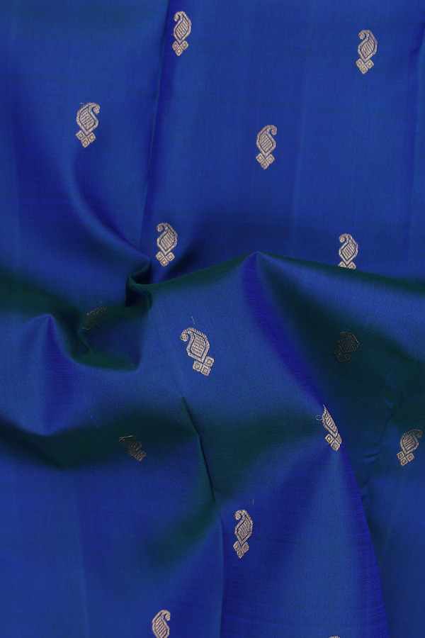 Kanchipuram Silk Saree In Blue With Paisley Buttas