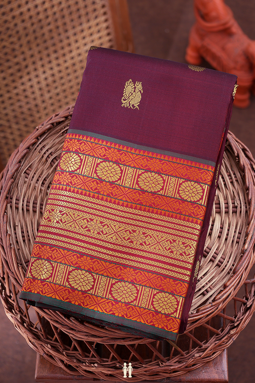 Kanchipuram Silk Saree In Maroon With Peacock Buttas