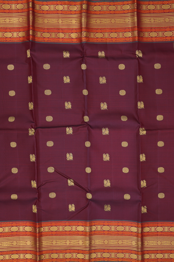 Kanchipuram Silk Saree In Maroon With Peacock Buttas