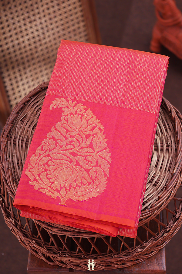 Kanchipuram Silk Saree In Coral Pink With Checks Design