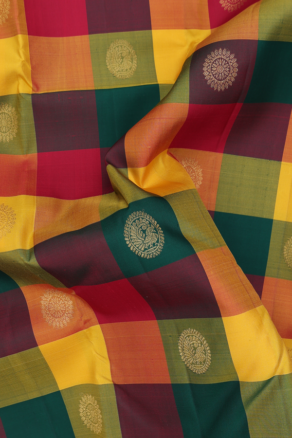 Kanchipuram Silk Saree In Multicolor With Checks Design