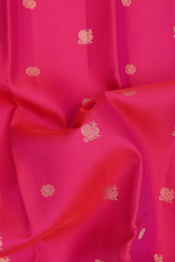 Kanchipuram Silk Saree In Rani Pink With Peacock Buttas