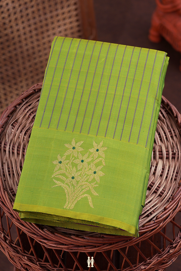 Kanchipuram Silk Saree In Lime Green With Stripes Design
