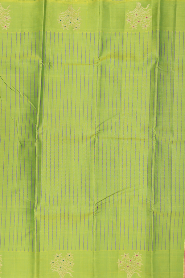 Kanchipuram Silk Saree In Lime Green With Stripes Design