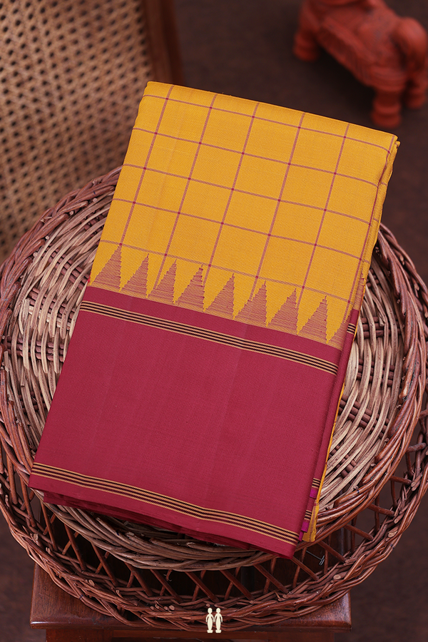 Kanchipuram Silk Saree In Mustard Yellow With Checks Design