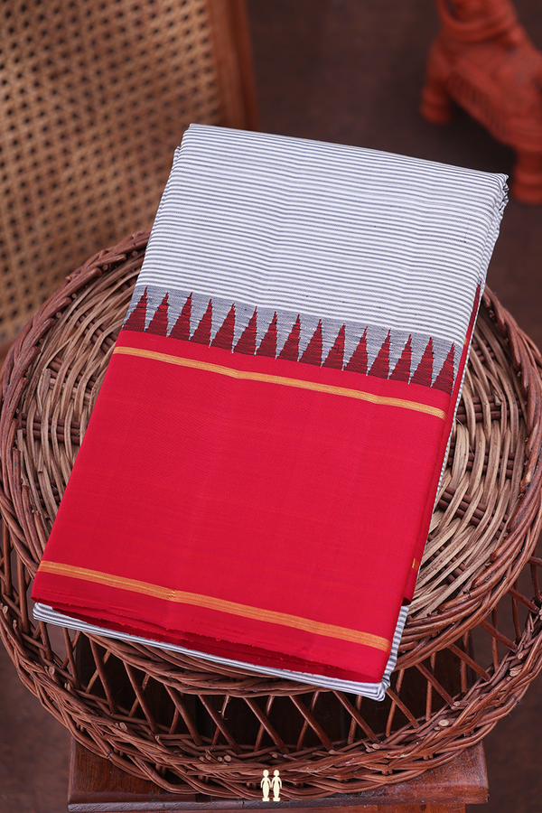 Kanchipuram Silk Saree In Grey And White With Stripes Design