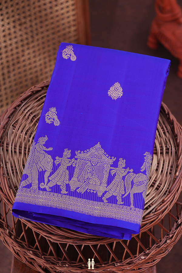 Kanchipuram Silk Saree In Indigo Blue With Peacock Buttas